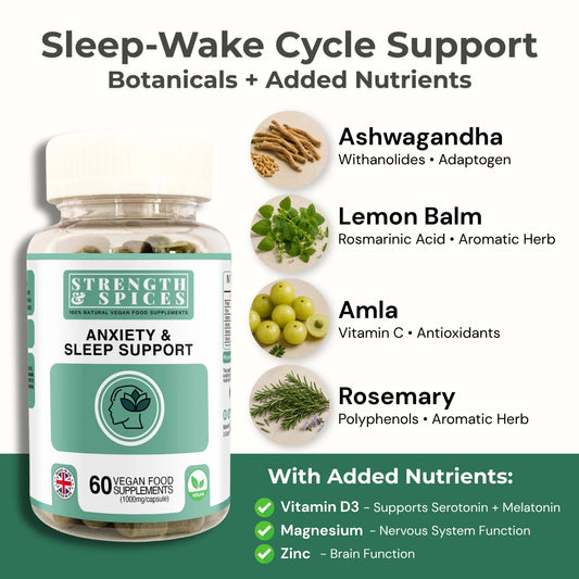 A supplement bottle labeled Strength Spices Anxiety & Sleep Support, shown on a white and dark green promotional graphic with ingredient callouts for ashwagandha, lemon balm, amla, and rosemary, plus added nutrients listed on the right.