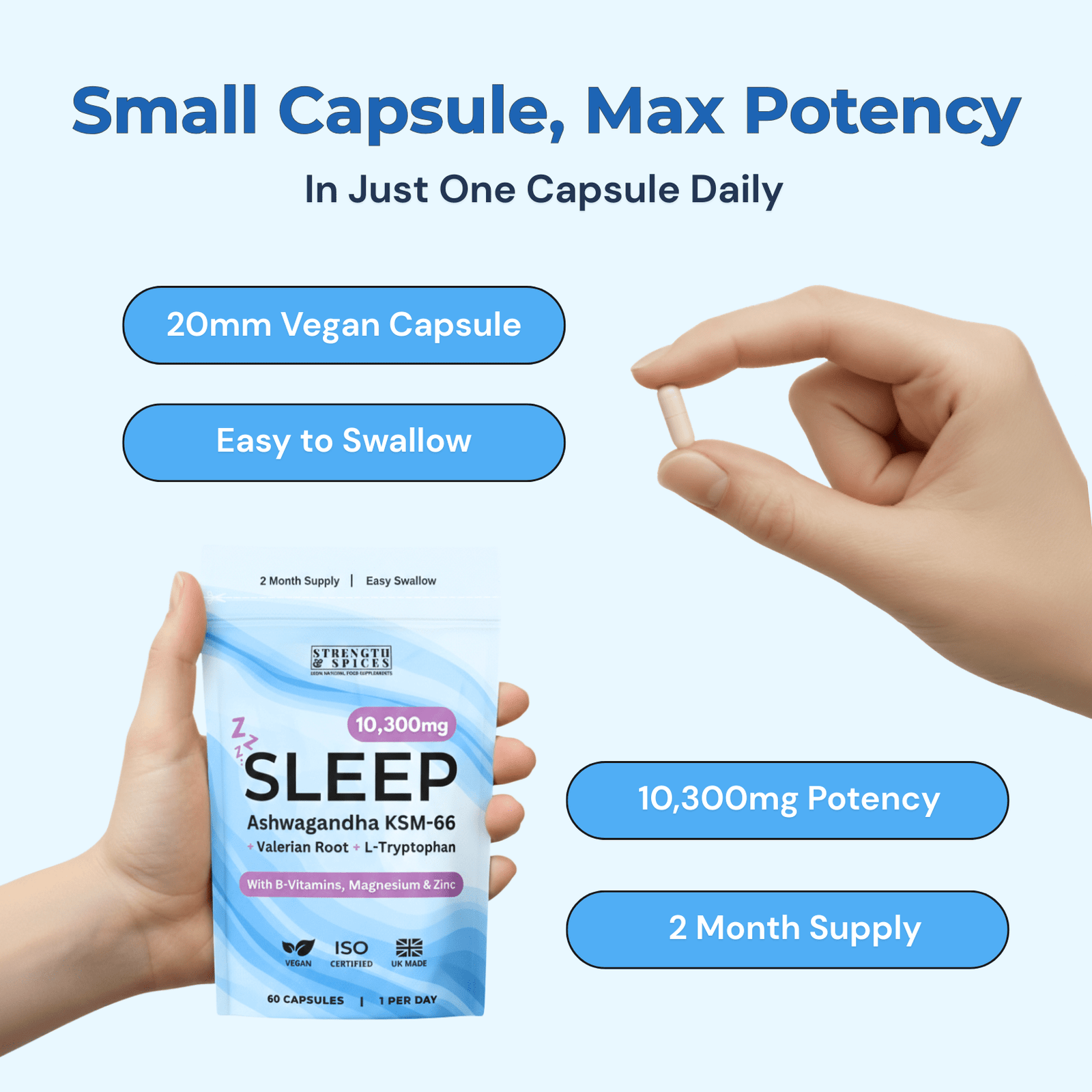Sleep Support 10,300mg, with Ashwagandha KSM - 66®, Valerian & L - Tryptophan - Strength & Spices Ltd. Supplement