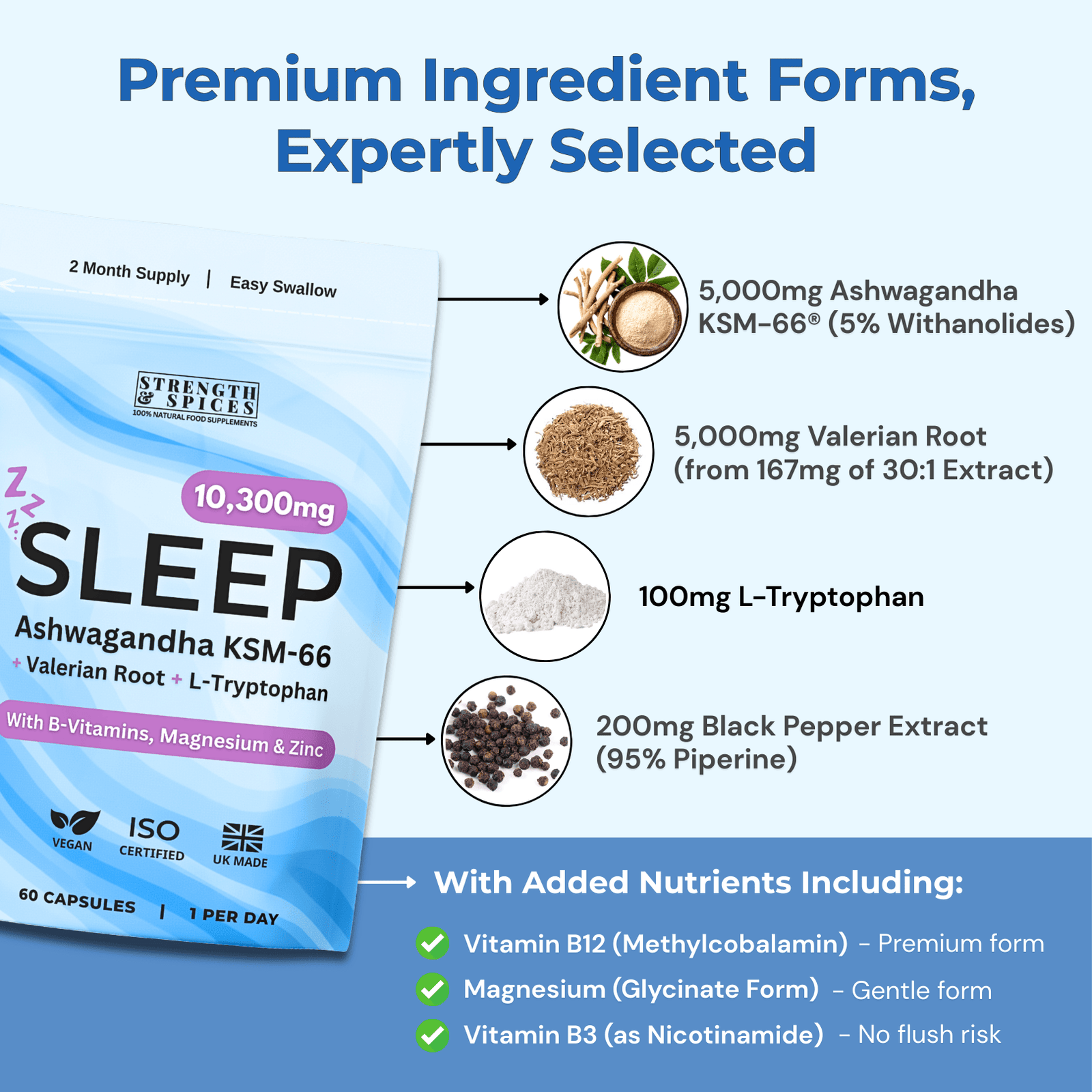 Sleep Support 10,300mg, with Ashwagandha KSM - 66®, Valerian & L - Tryptophan - Strength & Spices Ltd. Supplement