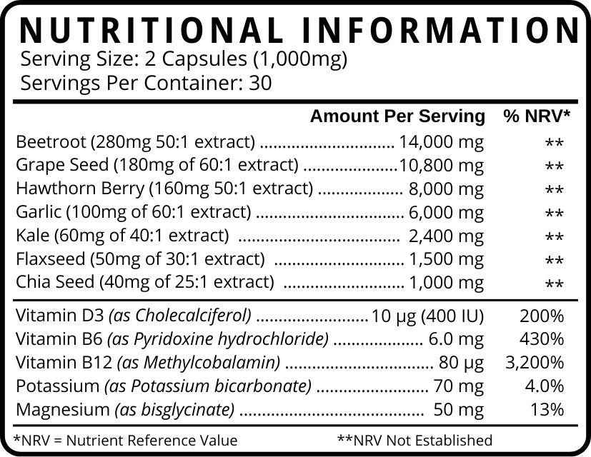 14,000mg Beetroot Blood Pressure Support - 7 Botanicals nutritional information
