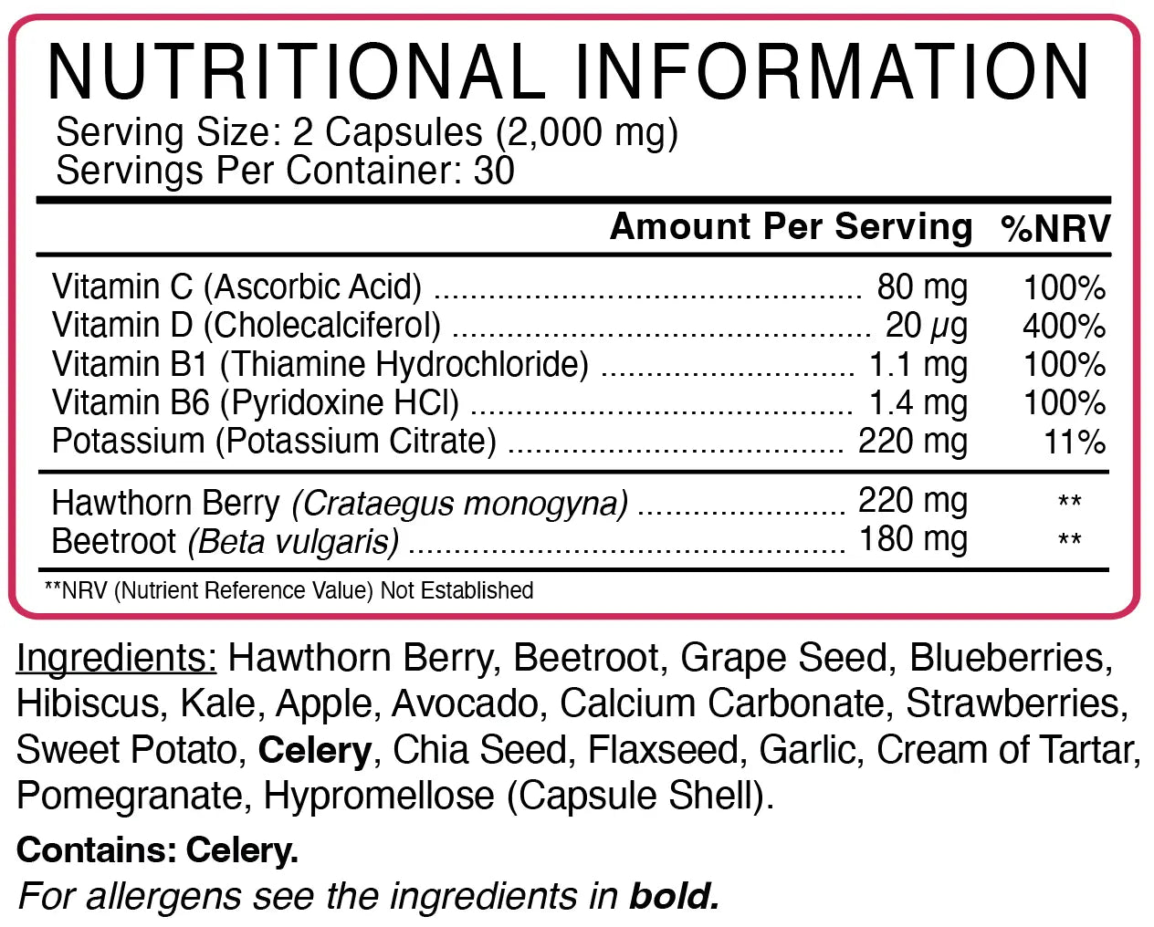 Blood Pressure Support (Hyper-Ten Complex) nutritional information