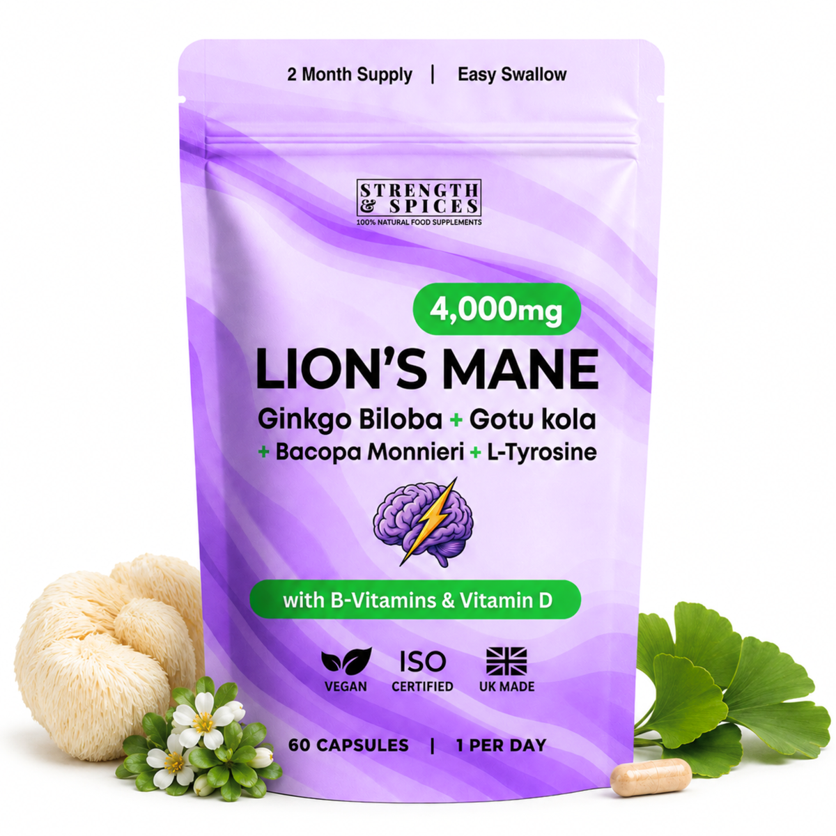 Lion's Mane with Ginkgo, Bacopa, & Gotu Kola - 2 Month Supply