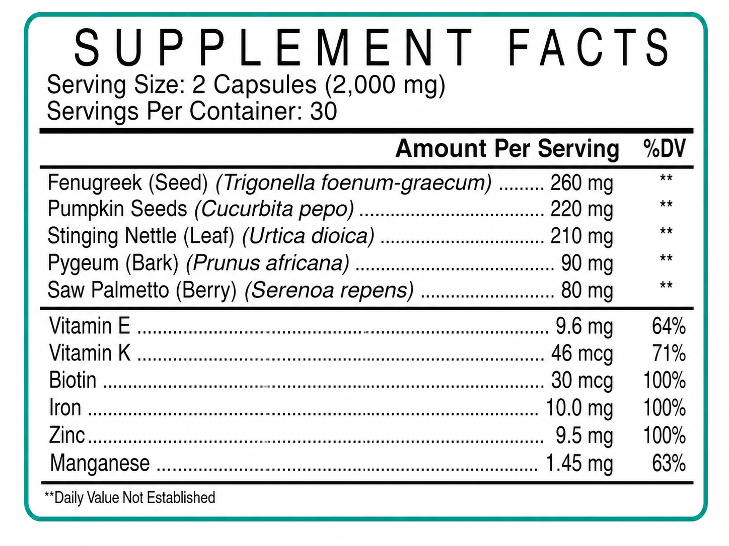 Prostate Support nutritional information
