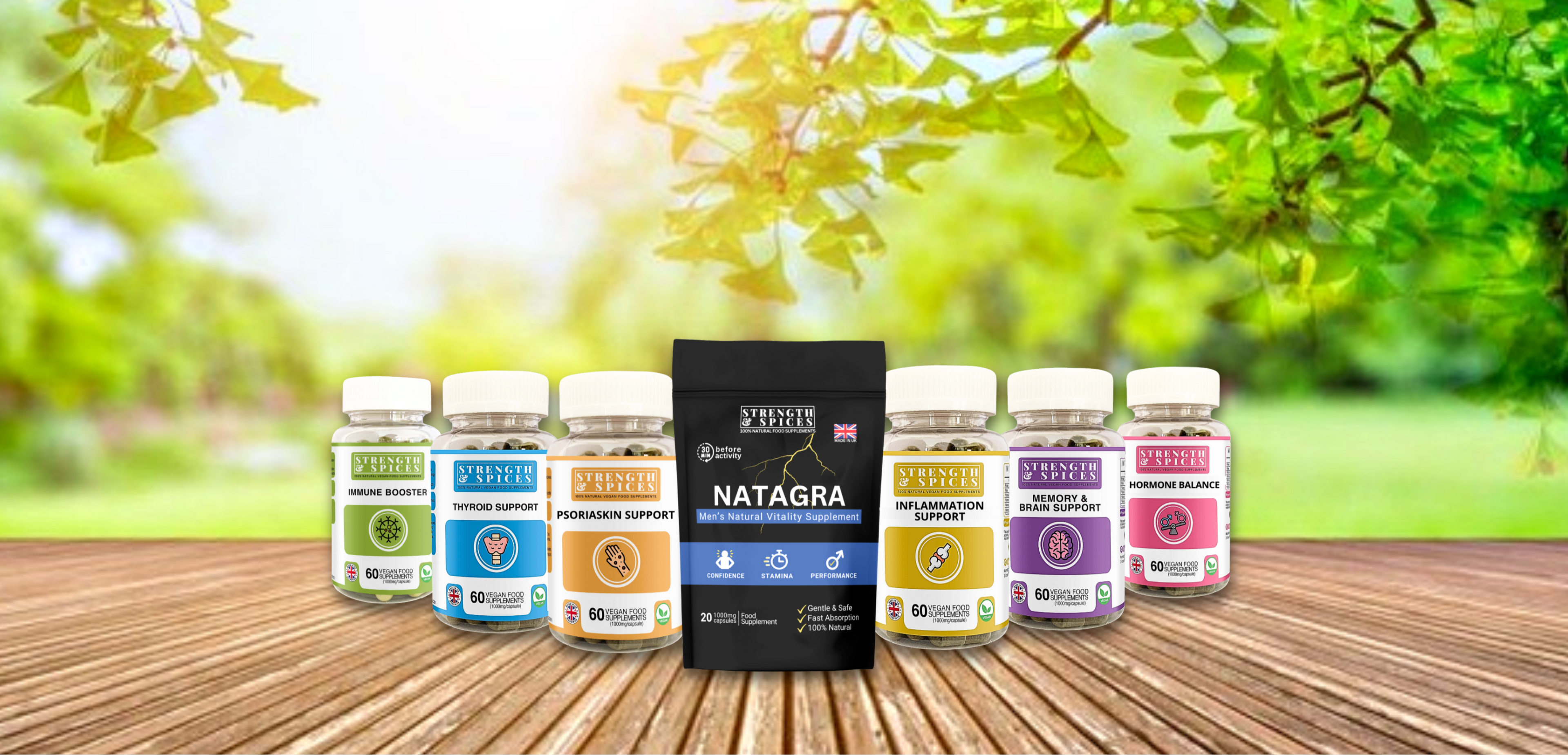 Supplement bottles on a wooden surface with a natural background