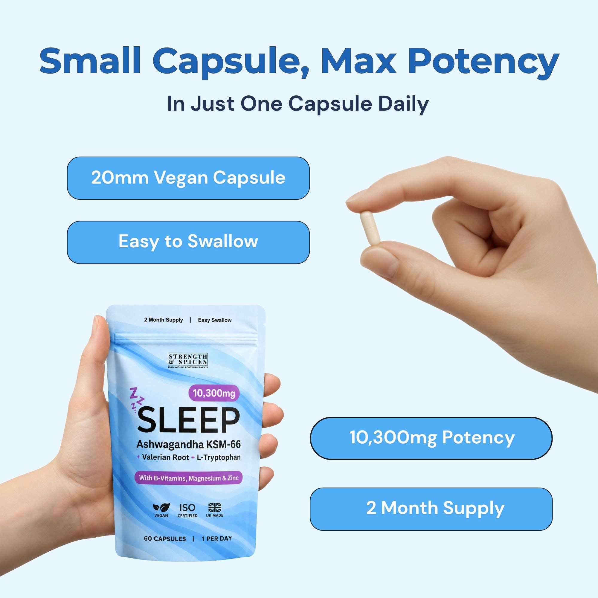 10,300mg Sleep with Ashwagandha KSM-66®, Valerian & L-Tryptophan - Strength & Spices Ltd. Supplement