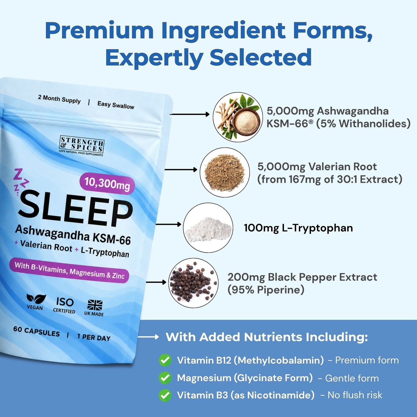 10,300mg Sleep with Ashwagandha KSM-66®, Valerian & L-Tryptophan