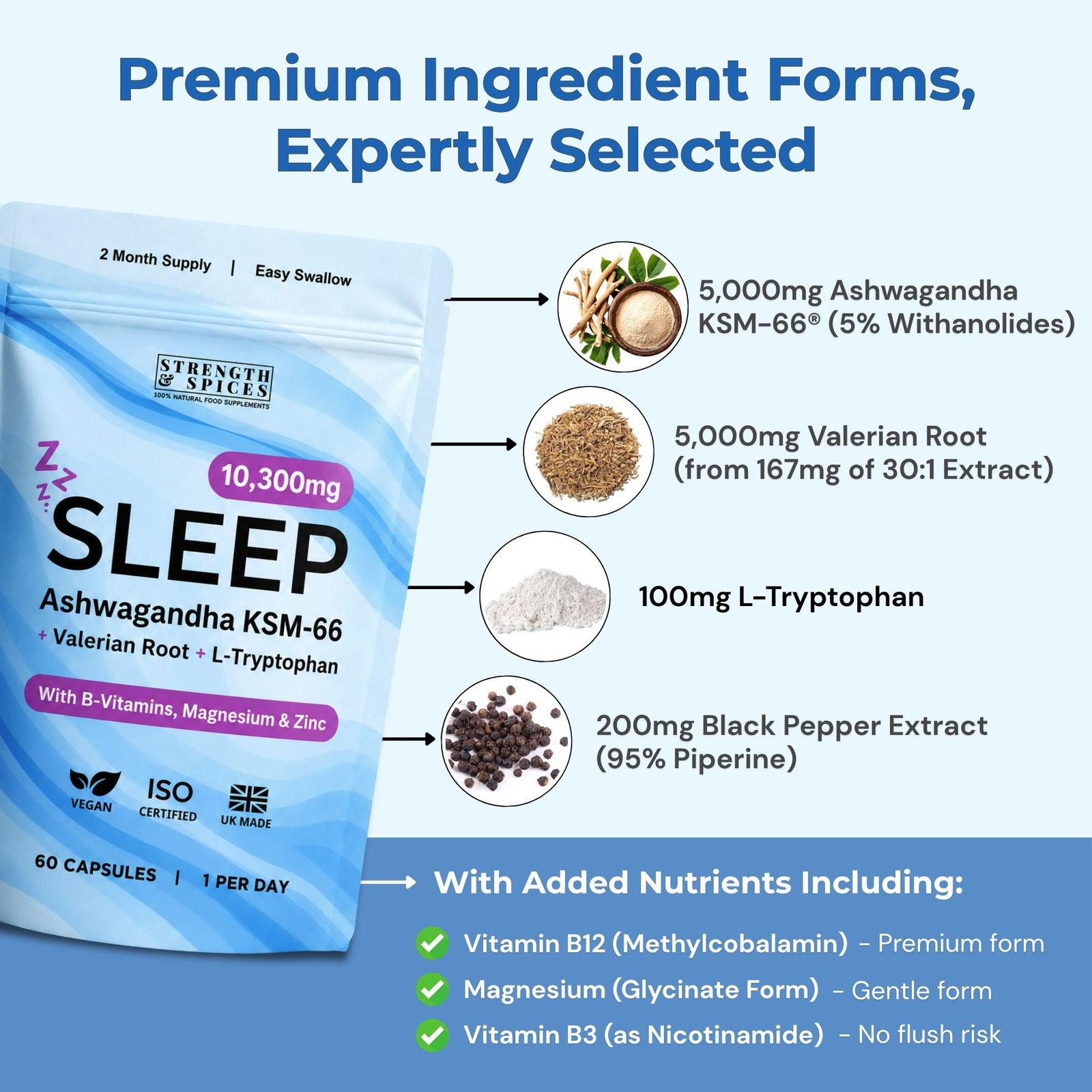 10,300mg Sleep with Ashwagandha KSM-66®, Valerian & L-Tryptophan
