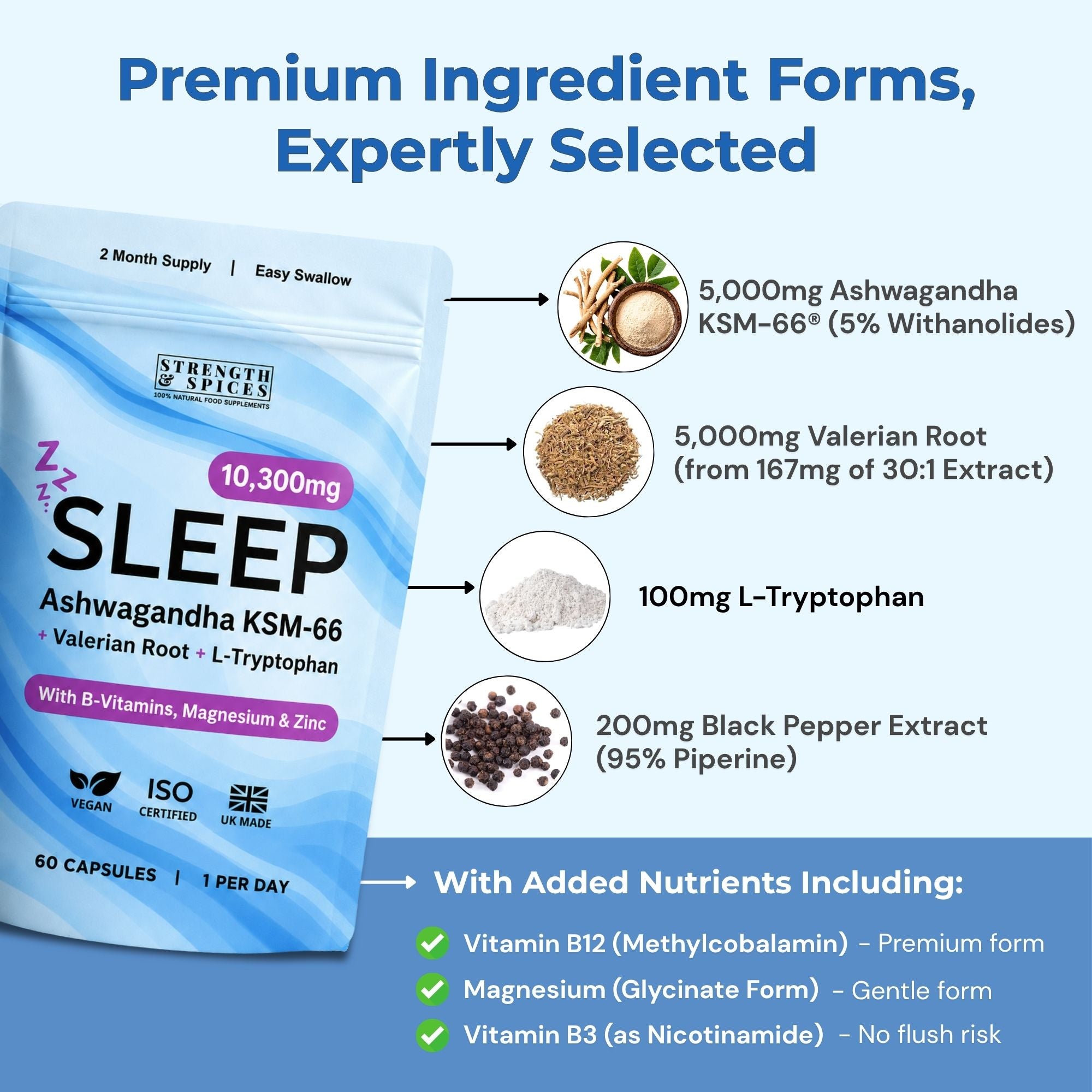 10,300mg Sleep with Ashwagandha KSM-66®, Valerian & L-Tryptophan - Strength & Spices Ltd. Supplement