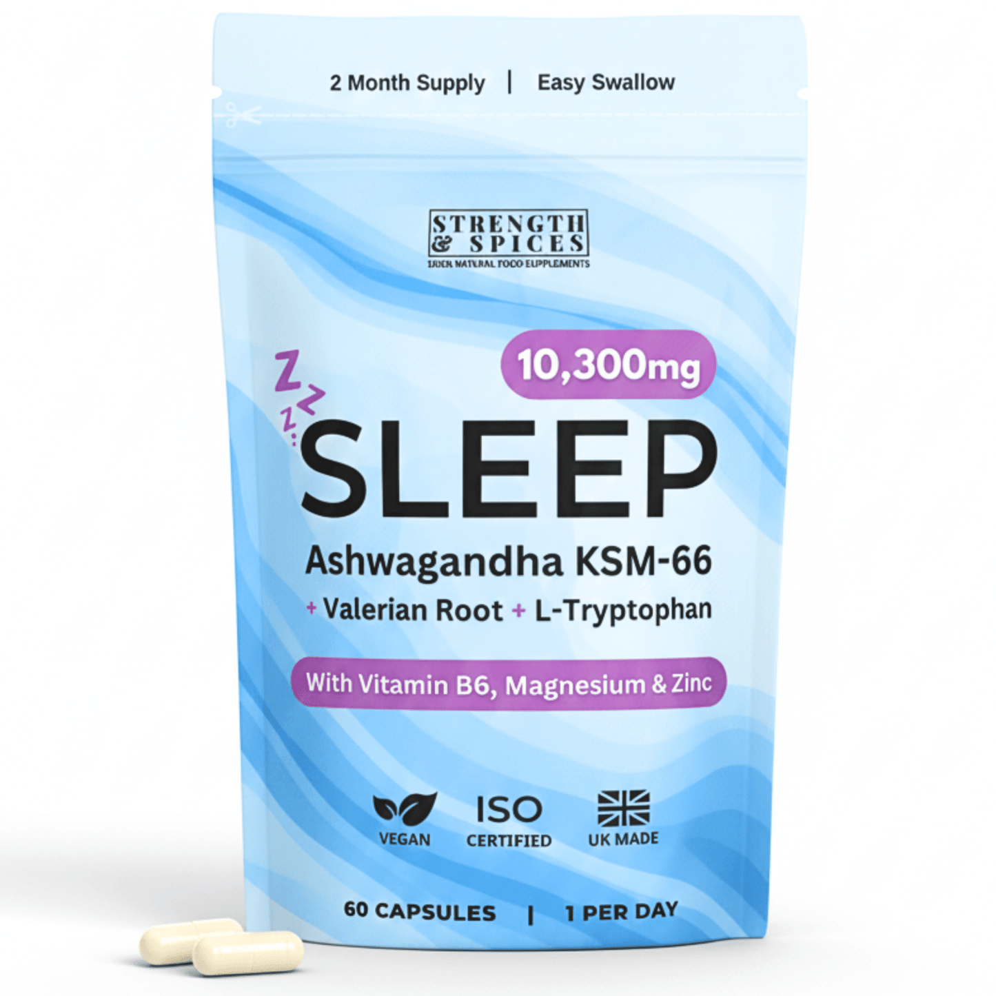 Sleep Support 10,300mg, with Ashwagandha KSM - 66®, Valerian & L - Tryptophan - Strength & Spices Ltd. Supplement